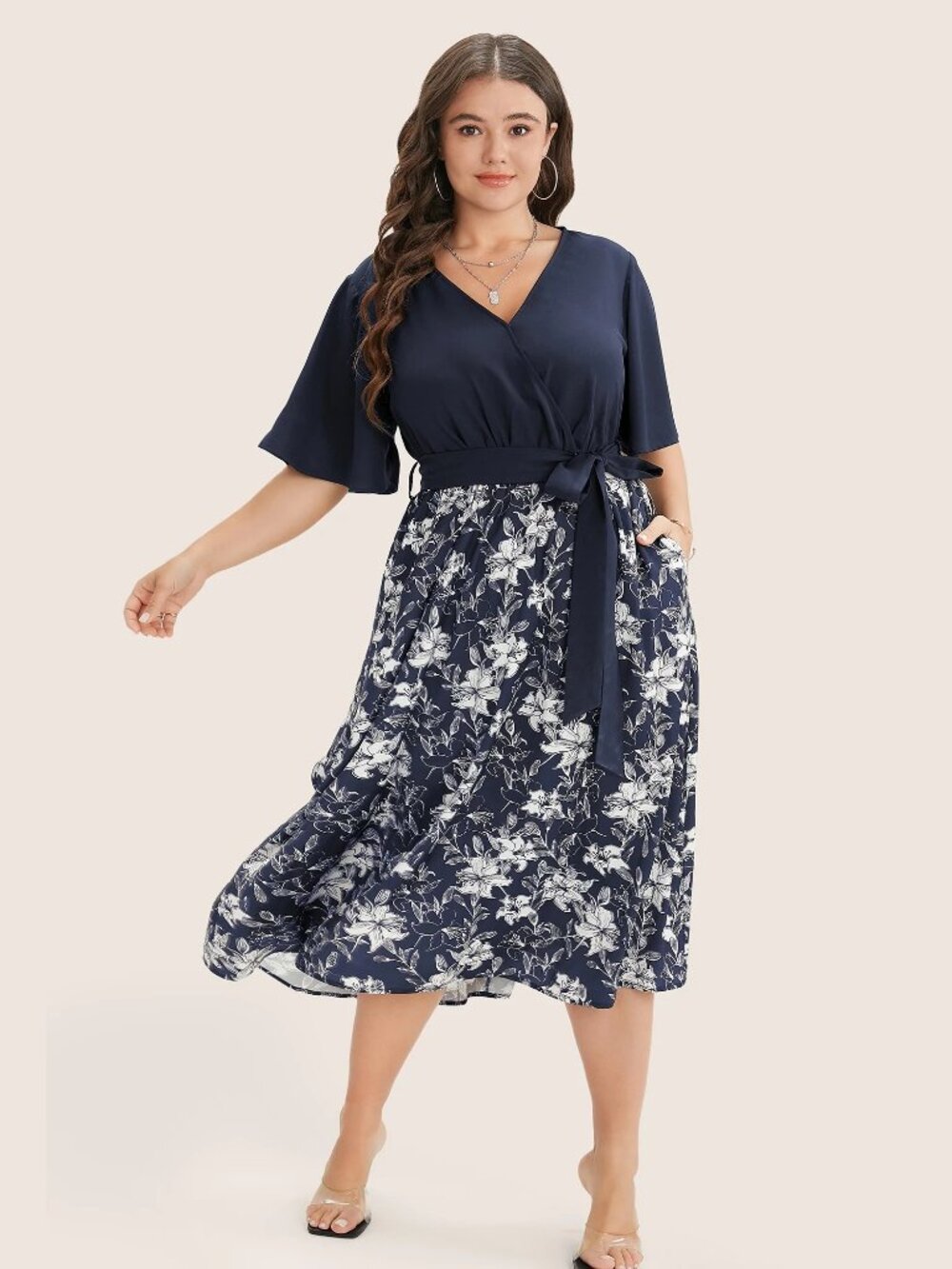 Bloomchic Size 10 Dress V-Neck Floral Ruffle Sleeve Midi Patchwork Pockets Belt - Picture 2 of 9